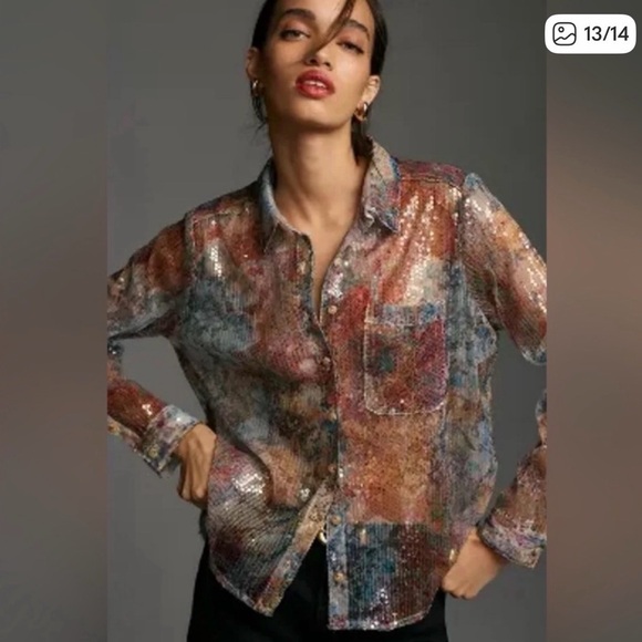 Anthropologie Tops - Pilcro Anthropologie sheer sequined button front shirt - size MP